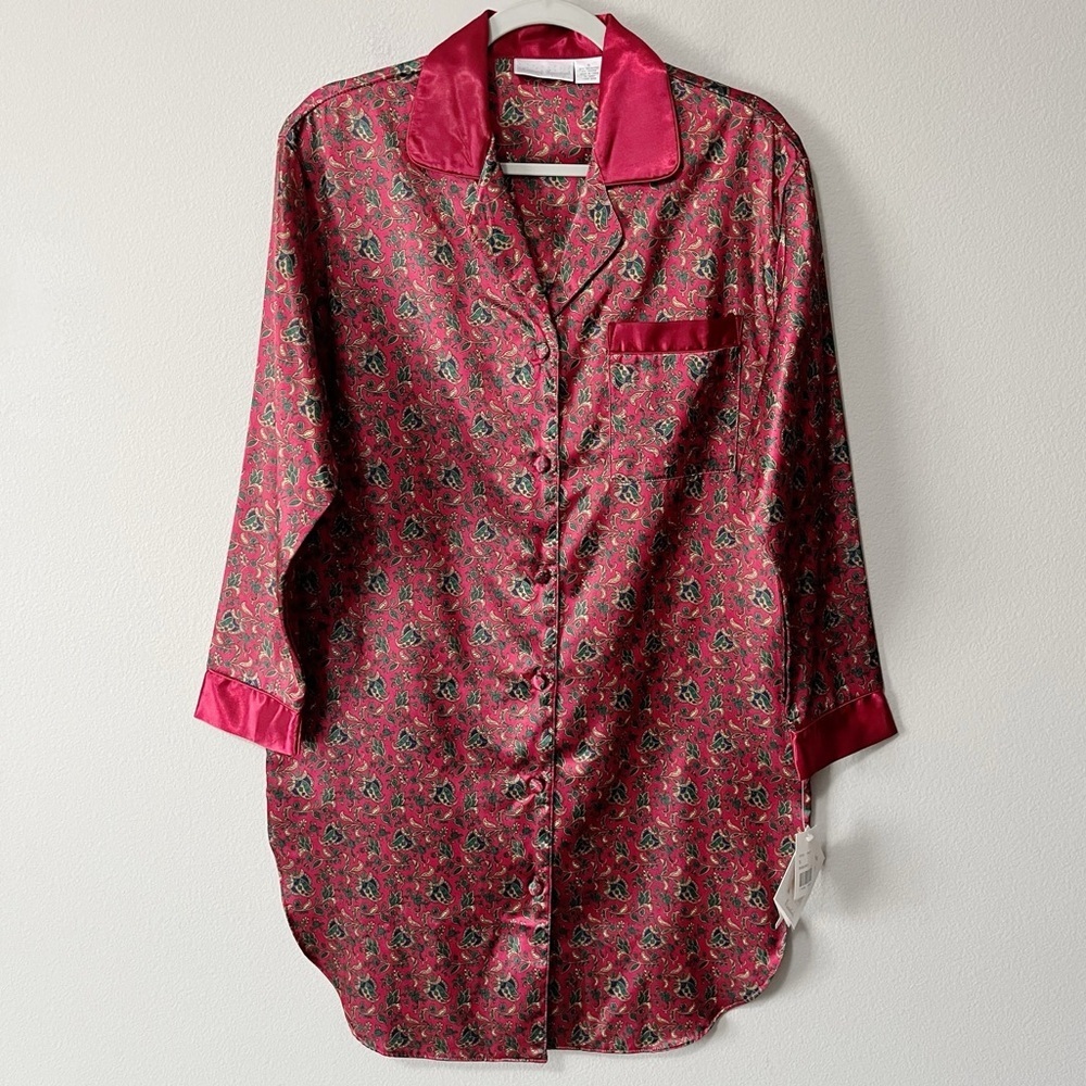Intimate Essentials Paisley Print Burgundy Satin Long Sleeve Nightgown Small NEW